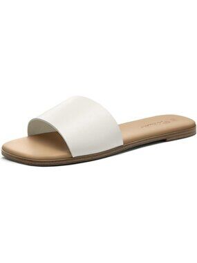 Women's White Raffia Summer Flat Sandals Comfortable Square Toe Slip On Slides
